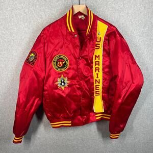 US Marines Jacket Mens XL Red Bomber Marine Corps Devil Dogs Patch USMC Vtg